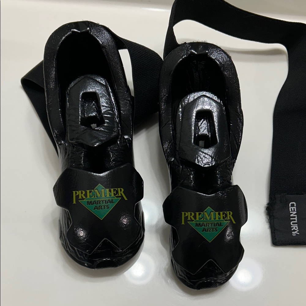 Century Black Sparring Boots with Premier Martial Arts Logo, size Youth 1/2
